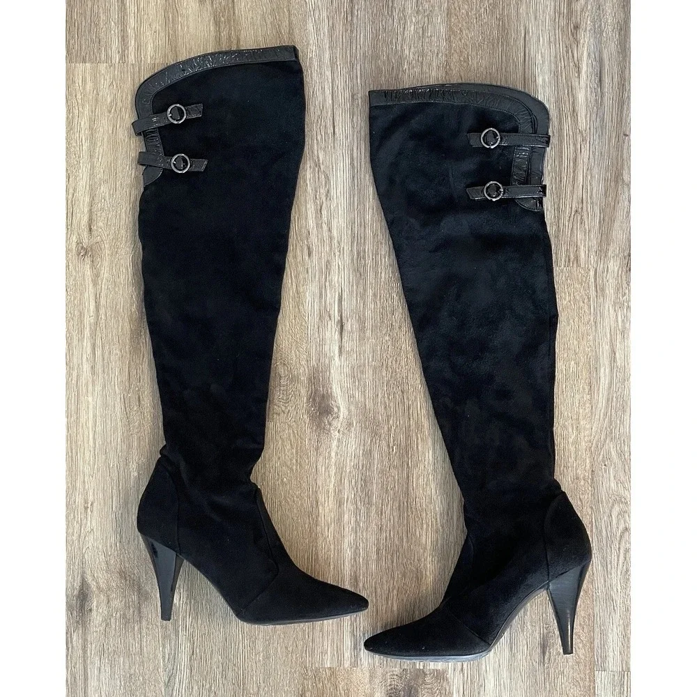 Guess Funke‎ Black Suede Thigh High Heeled Boots Pointed Toe Buckle Detail 7.5
